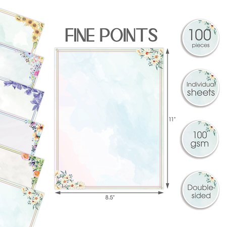 Better Office Products Stationery Paper, Floral Letter Writing Stationery, Letter Size, 6 Unique Designs, 100PK 64508